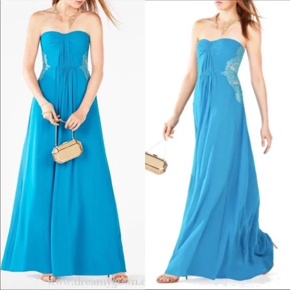 BCBGMAXAZRIA Ashby Strapless Lace-Trim Gown - Cyan